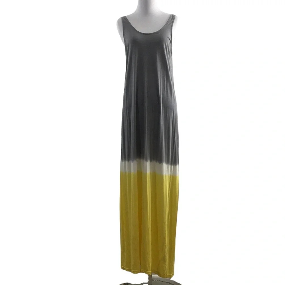 Soft Joie Gray Yellow Maxi Tank Dress Womens Medium Pima Cotton Modal Sleeveless